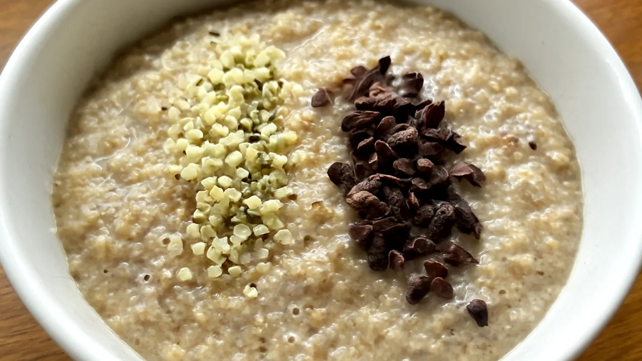 Amaranth-Quinoa-Pudding mit Hanfsamen und Kakao-Nibs"
