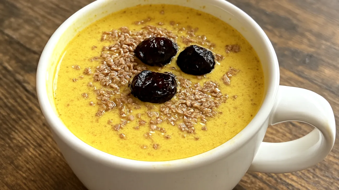Goldene Milch mit Teff-Flocken und Montmorency-Sauerkirschen"