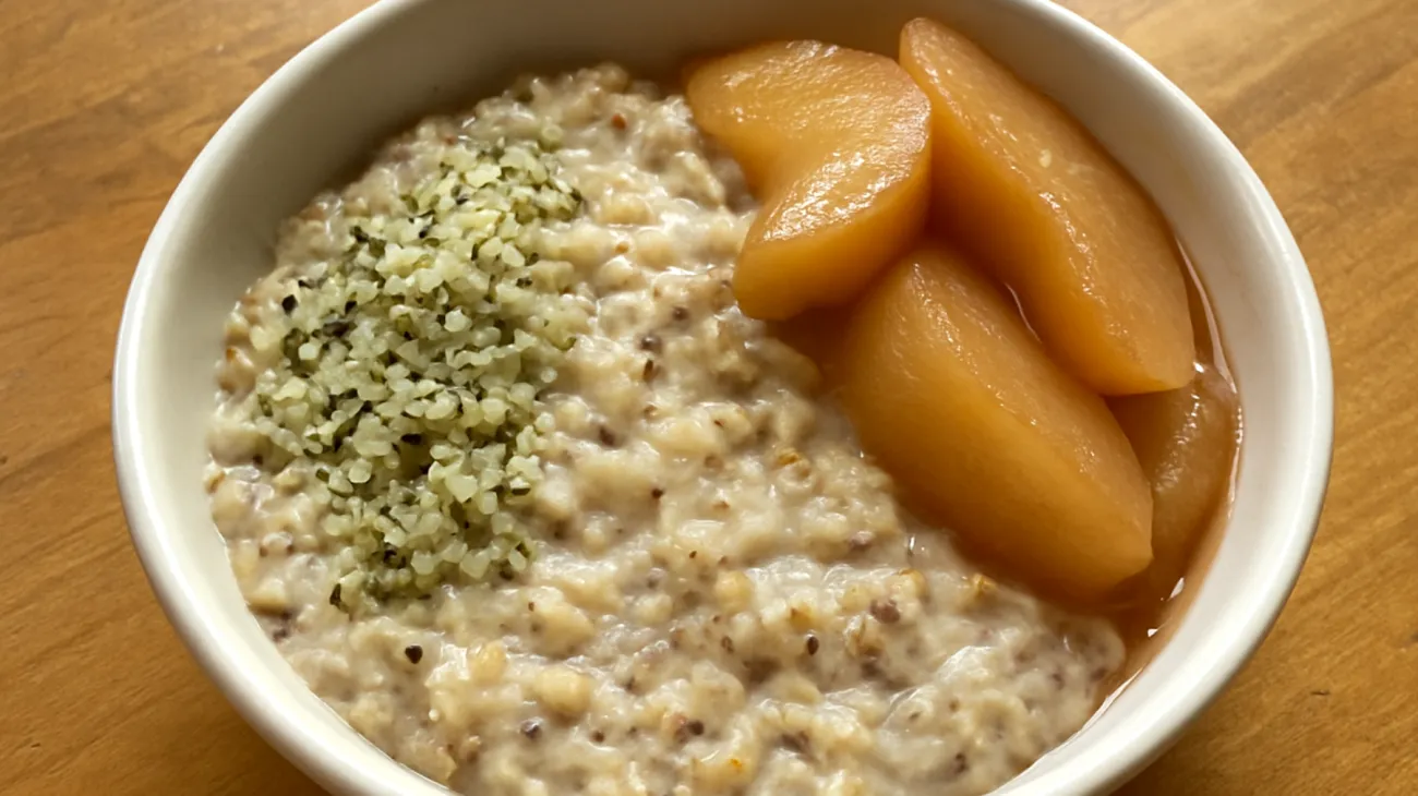 Haferflocken-Quinoa-Pudding mit Hanfsamen und gedünsteten Birnen"