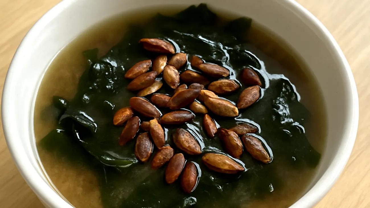 Miso-Suppe mit Wakame-Algen und gerösteten Kürbiskernen"